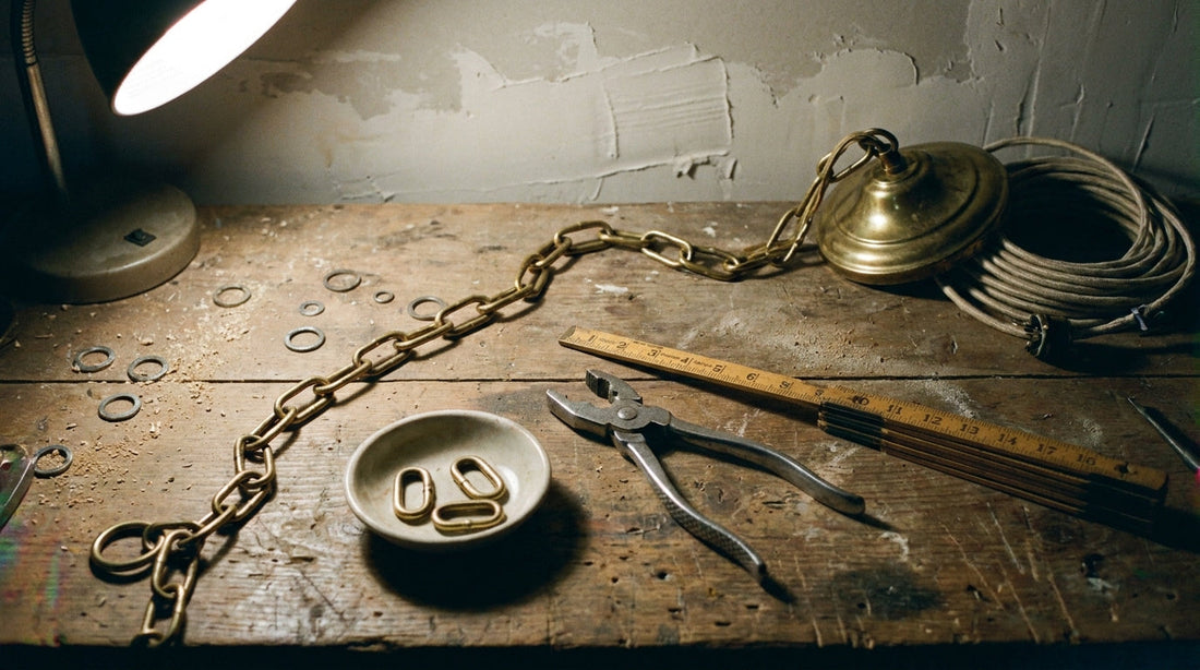 Chandelier chain, canopy and chain-link pliers on a workbench with removed links in a dish