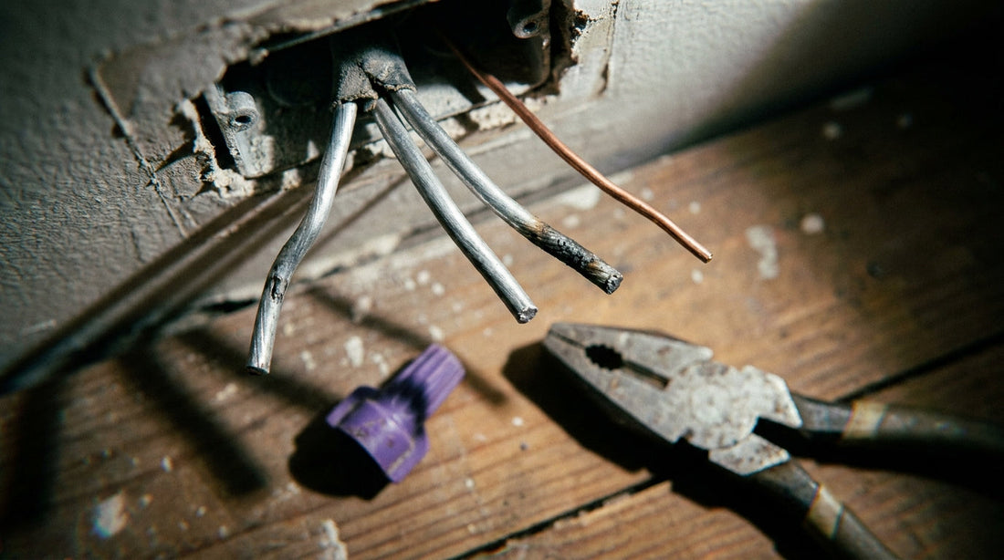 Dull aluminium conductors beside a copper wire for comparison, with lineman's pliers and a connector