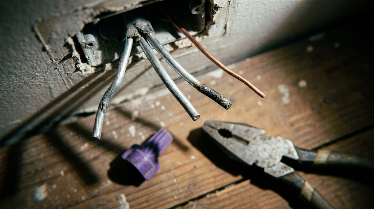 Dull aluminium conductors beside a copper wire for comparison, with lineman's pliers and a connector