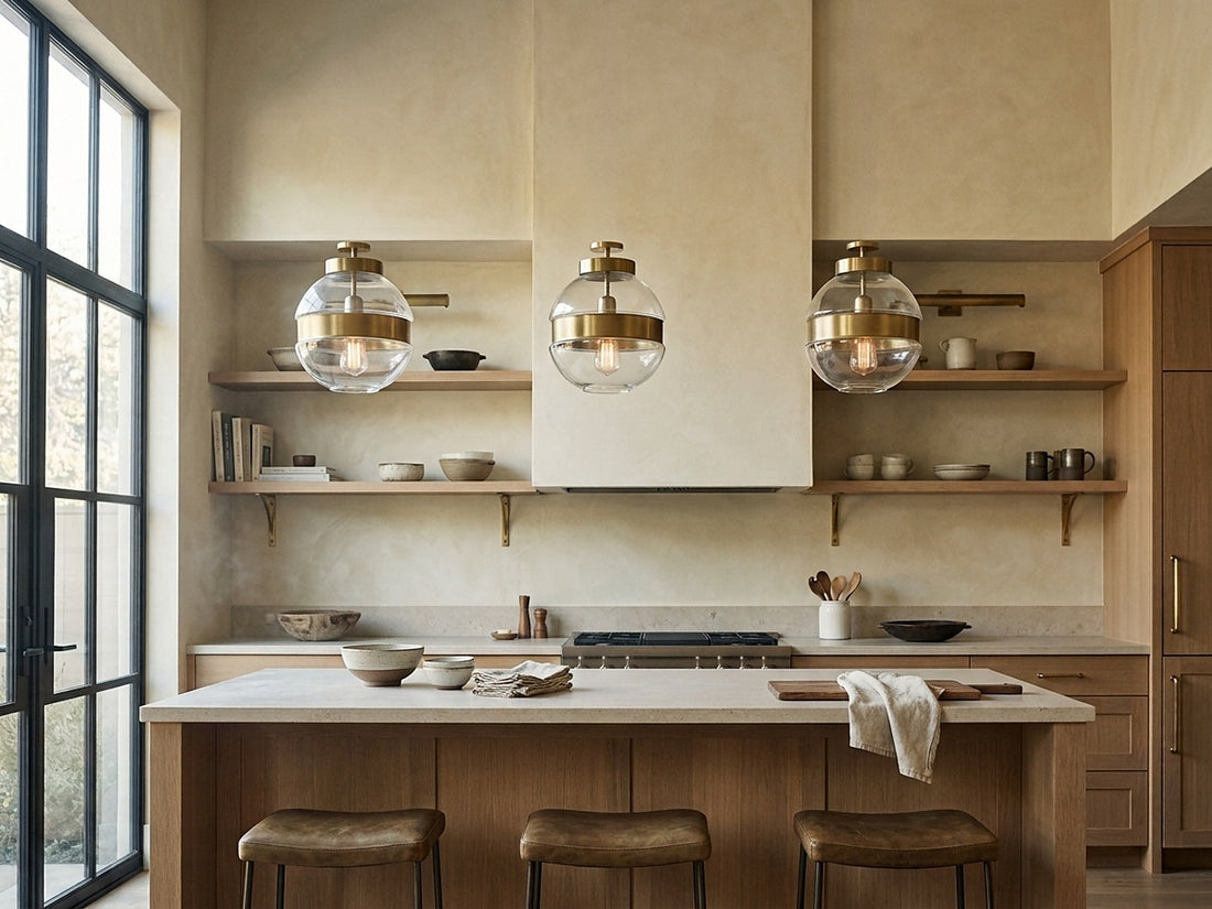 Three matching pendants aligned with three stools over a kitchen island
