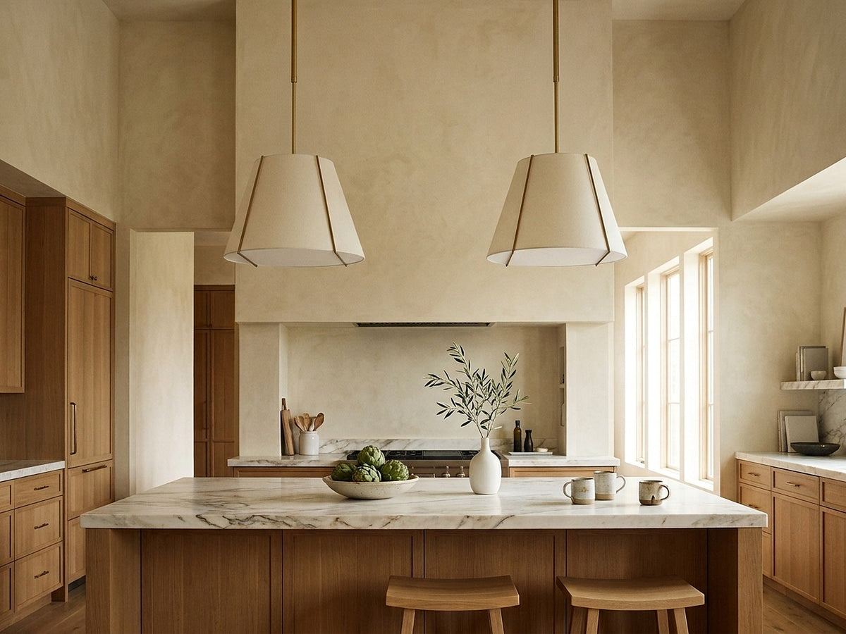 Pendants hung with clear sightline above a marble kitchen island