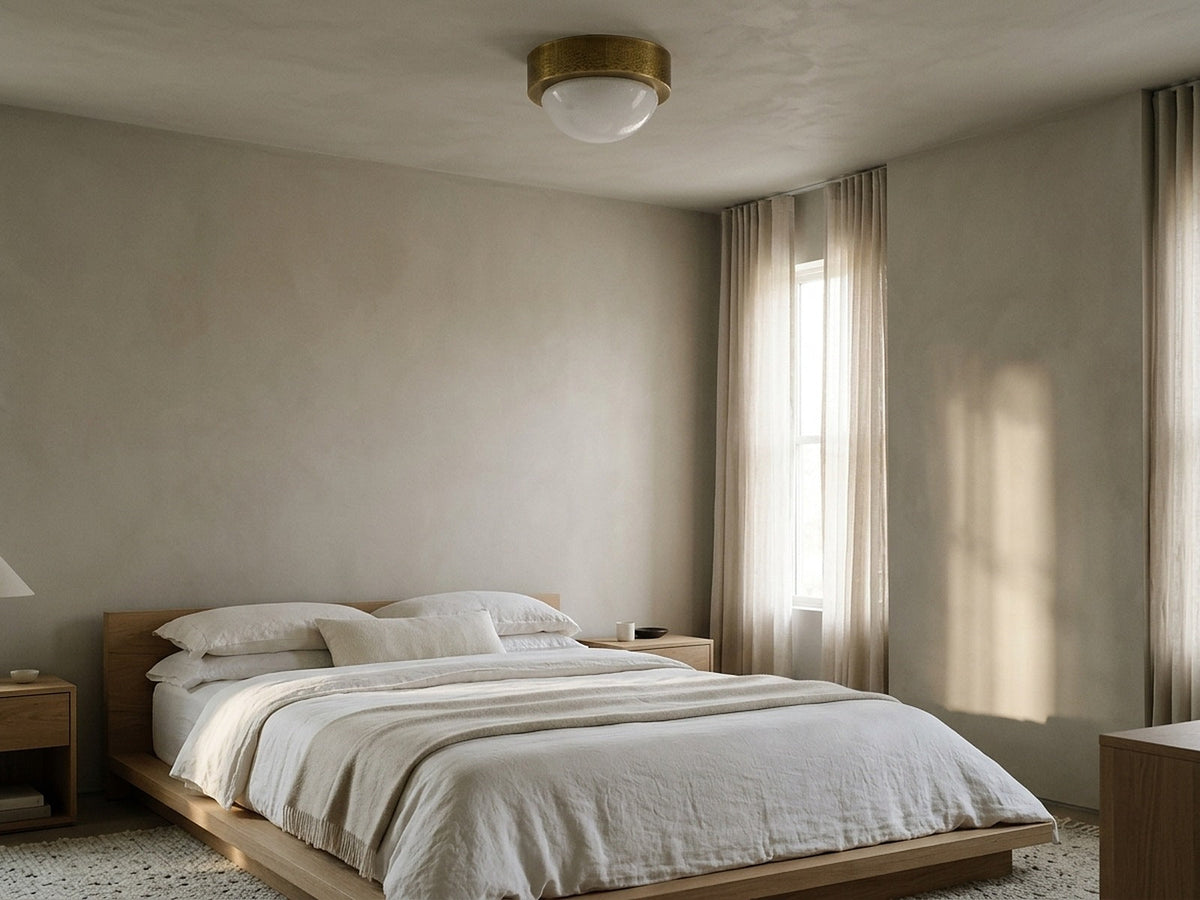 Flush mount ceiling light in a calm bedroom