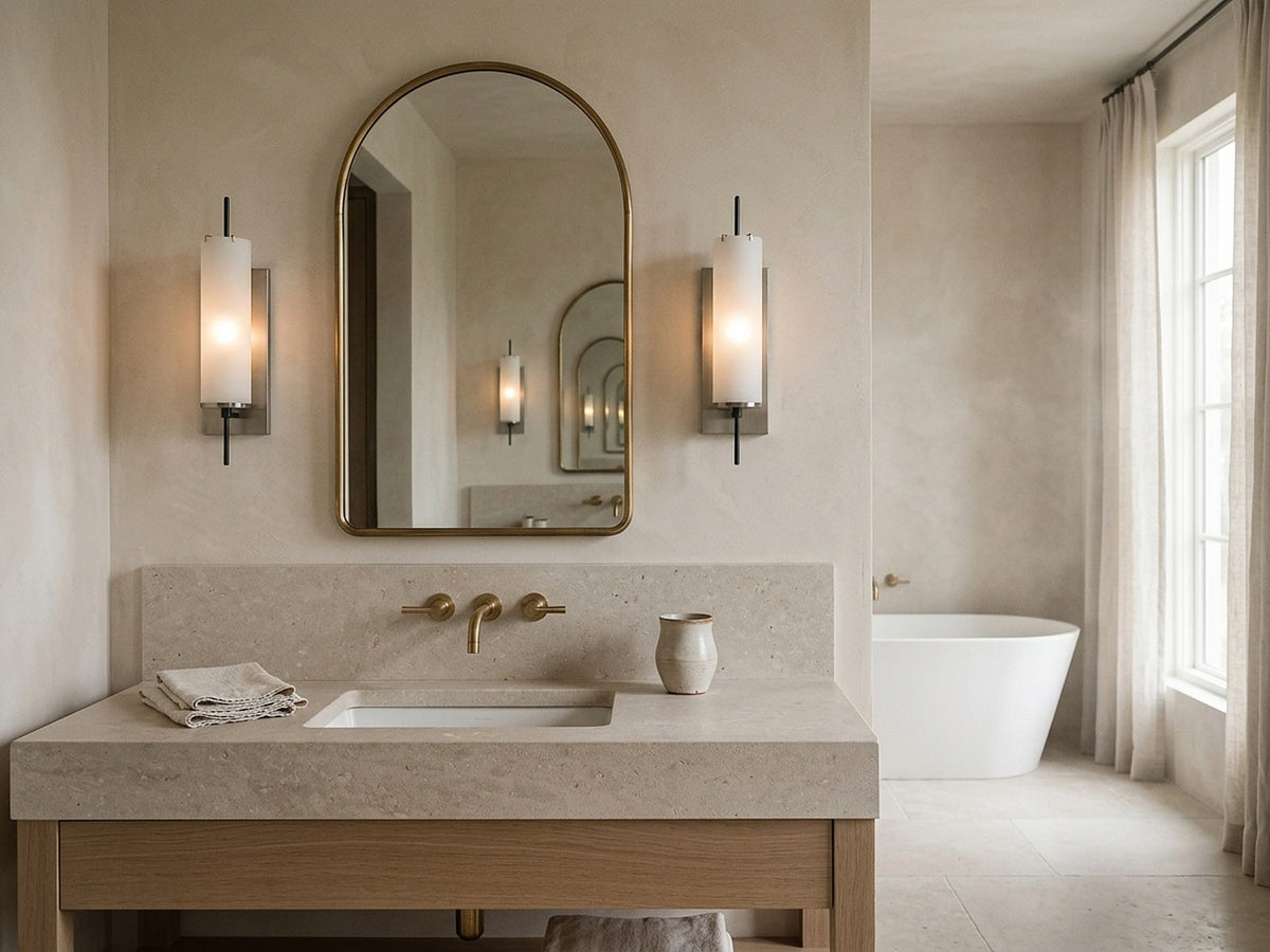Wall sconces flanking a bathroom mirror with the tub set well away