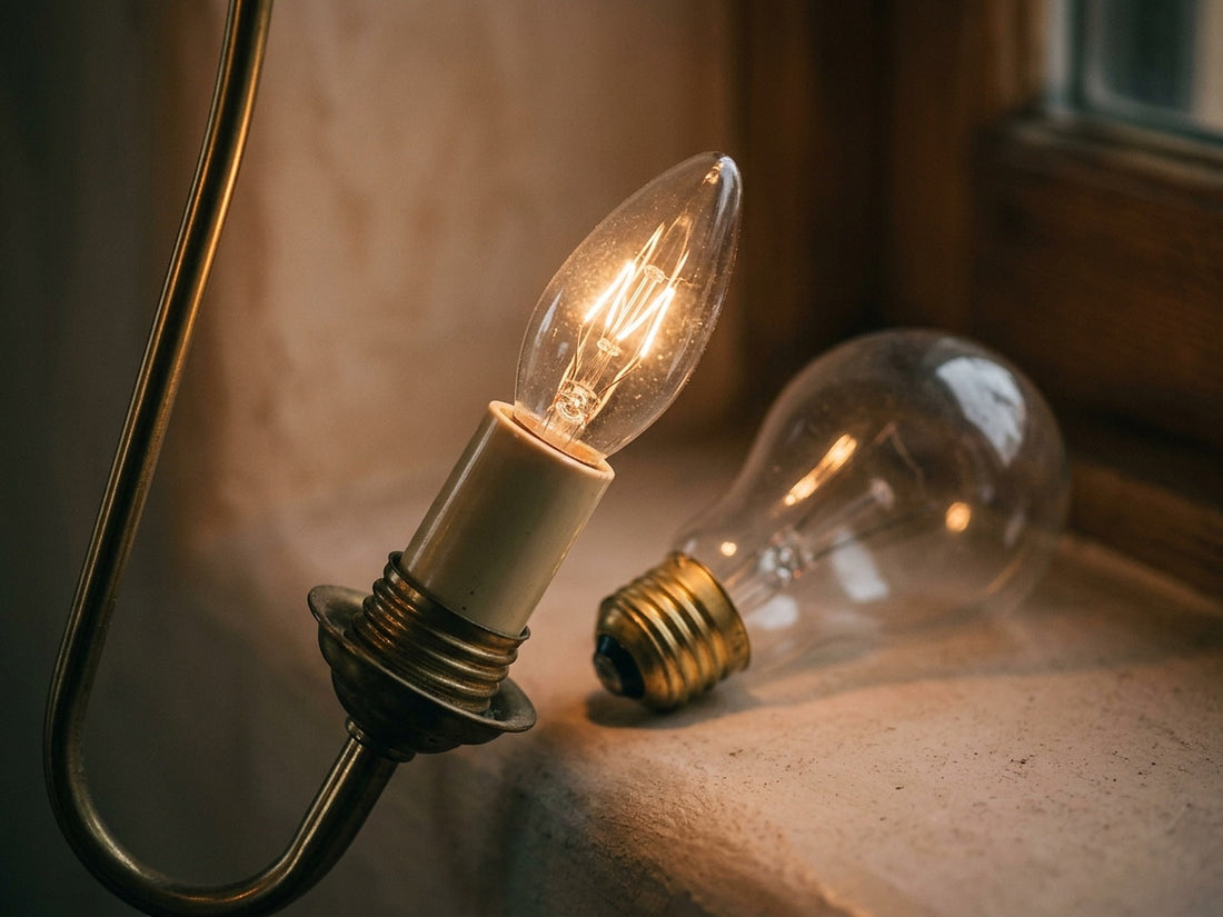 A small candelabra base bulb lit in a socket beside a larger medium base bulb