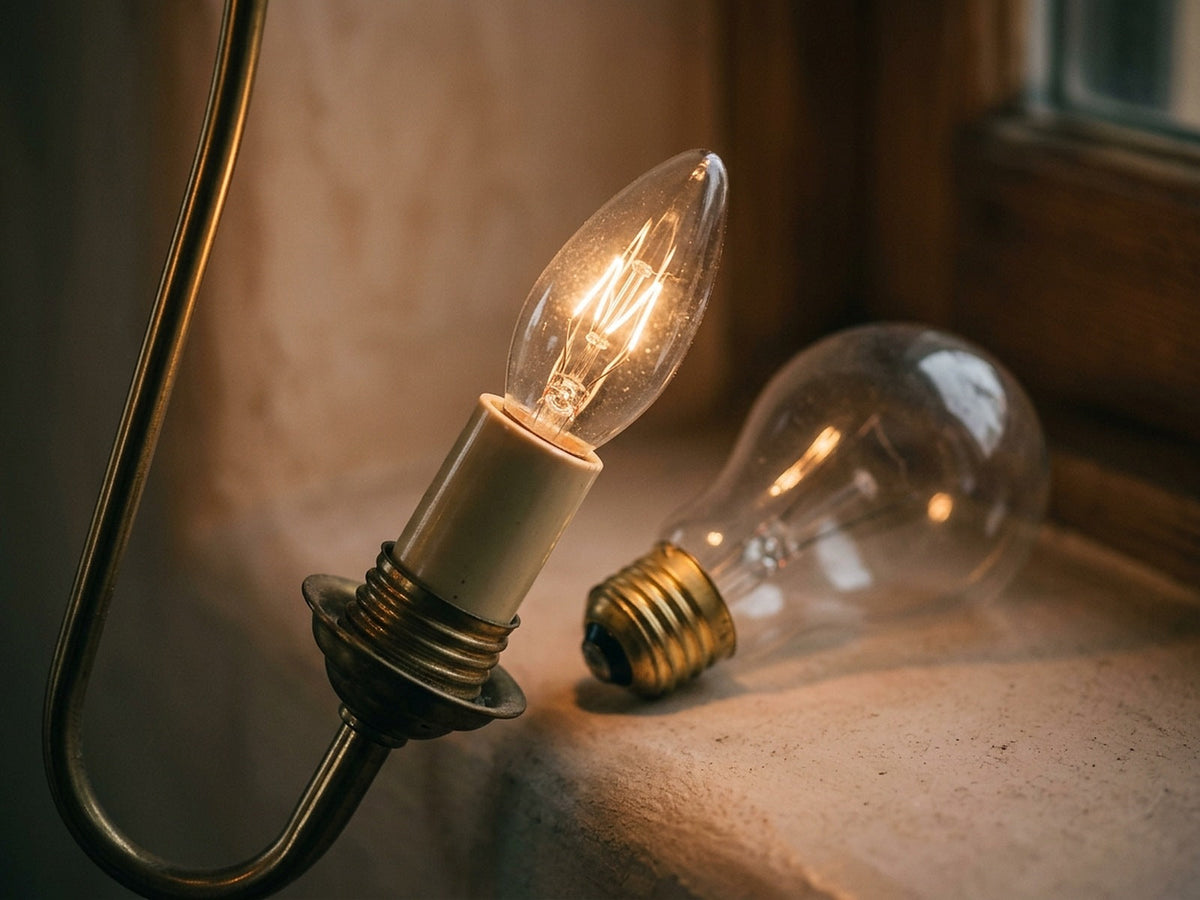 A small candelabra base bulb lit in a socket beside a larger medium base bulb