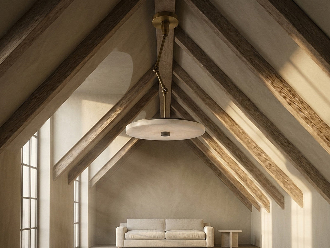 Fixture hanging level from a sloped vaulted ceiling on an angled adapter