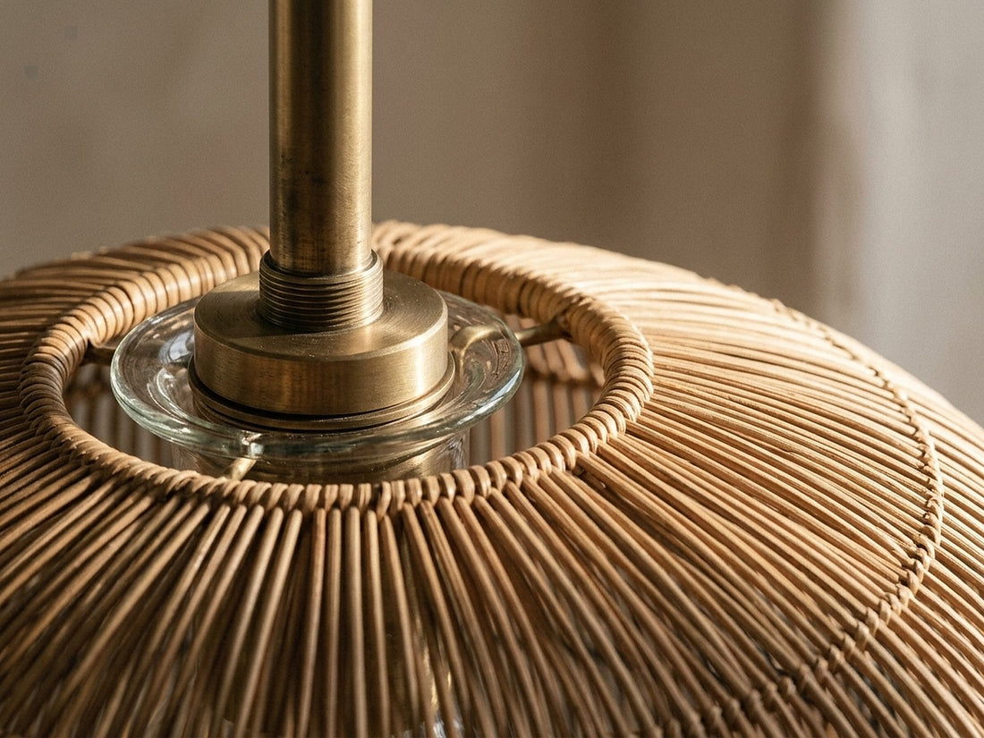 Close-up of a cast brass collar and dressed joint on a light fixture
