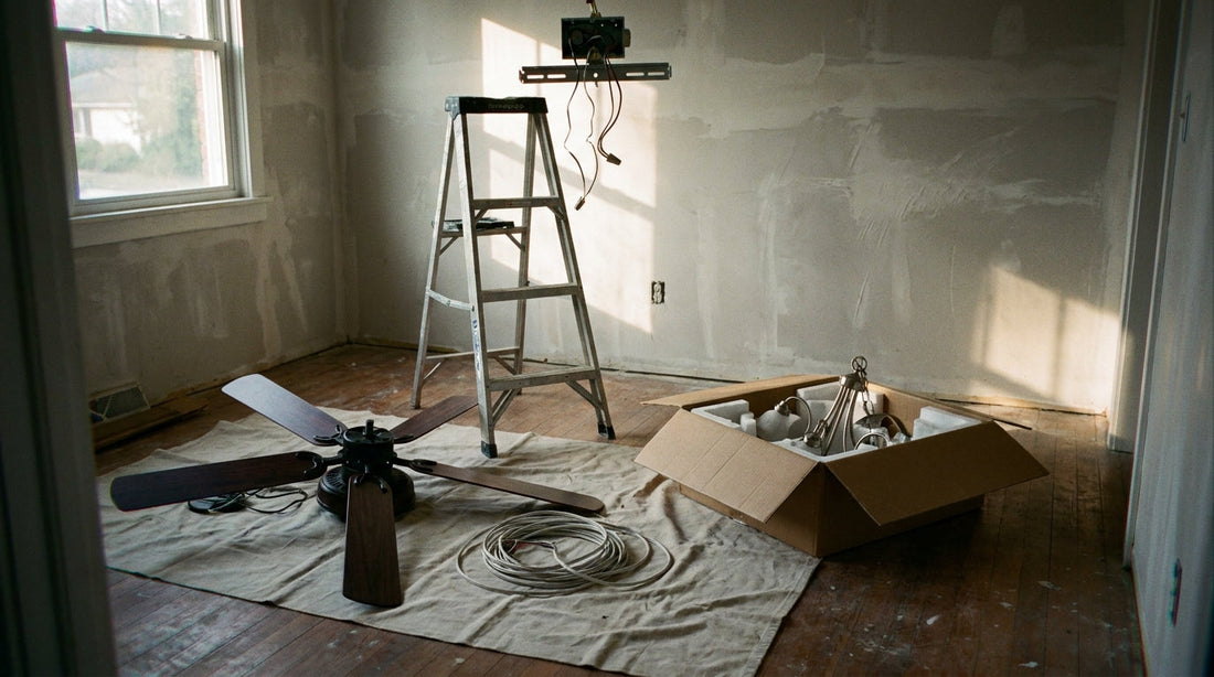 A ceiling fan removed and lying on a drop cloth beside a stepladder, with the empty ceiling box exposed above