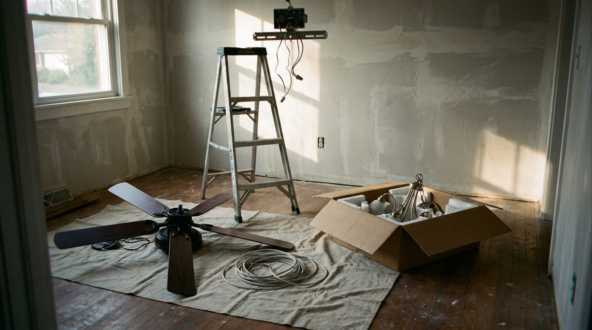 A ceiling fan removed and lying on a drop cloth beside a stepladder, with the empty ceiling box exposed above
