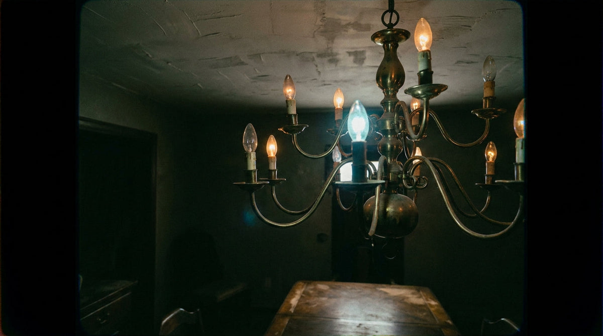 A chandelier dimmed low with one lamp visibly brighter and cooler than the rest
