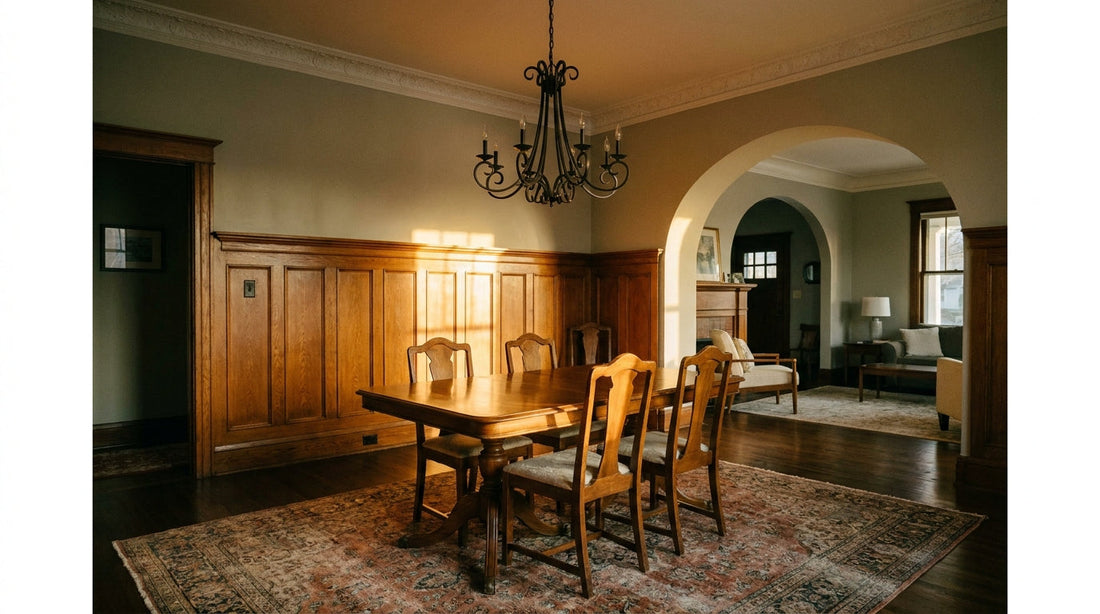 A chandelier in a panelled dining room, its shape echoing the plaster arch behind it