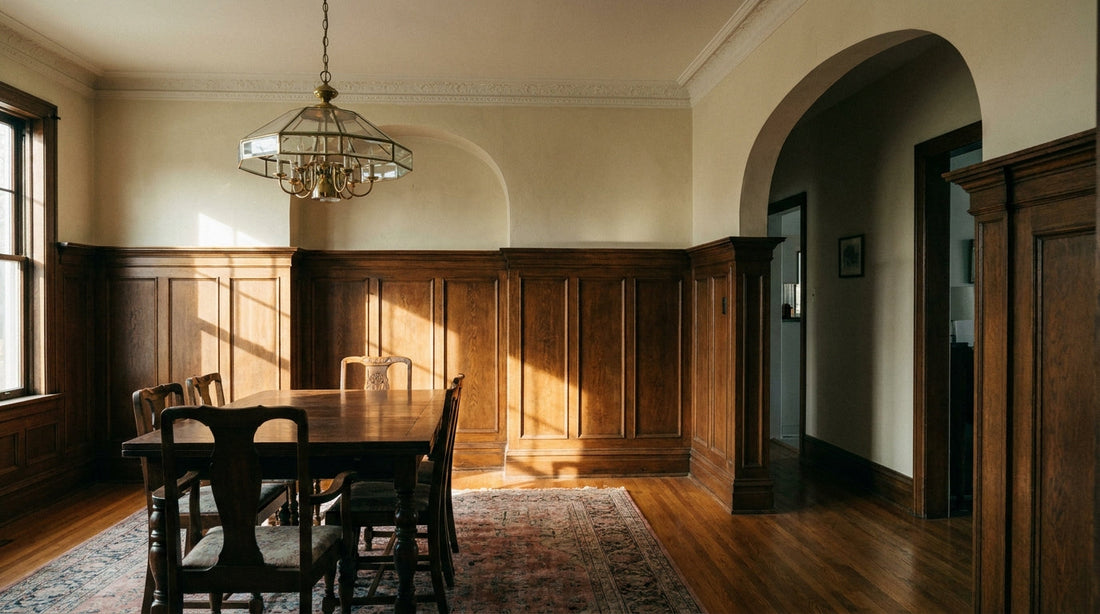 A compact fixture hanging close to the ceiling in a dining room with limited head height