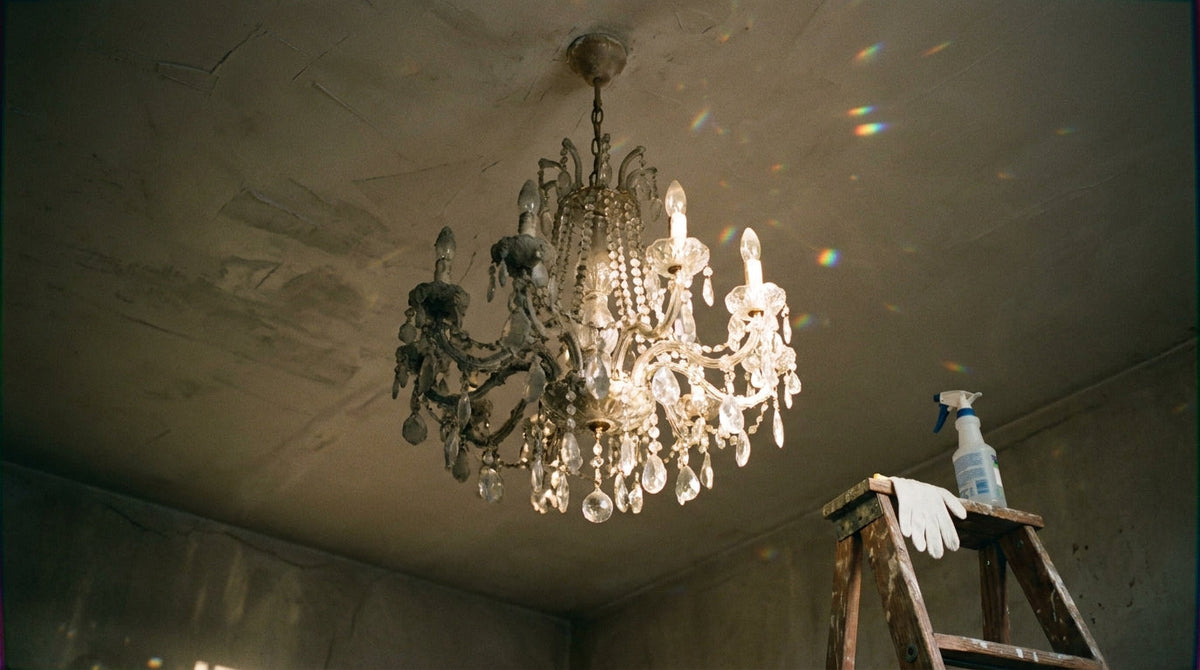 A crystal chandelier catching light, with cotton gloves and a spray bottle on a stepladder below