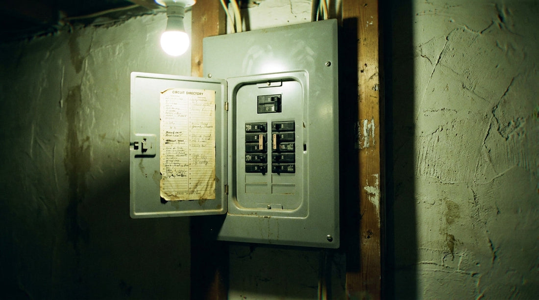A residential electrical panel with one breaker sitting in the tripped middle position