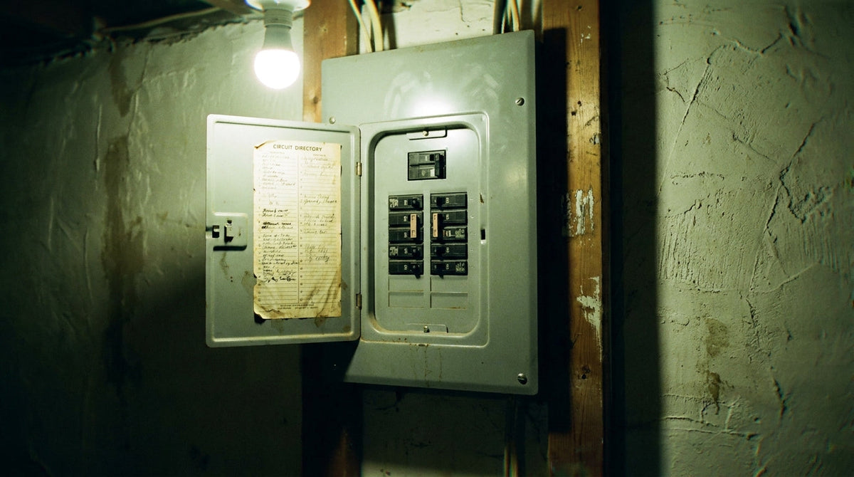 A residential electrical panel with one breaker sitting in the tripped middle position