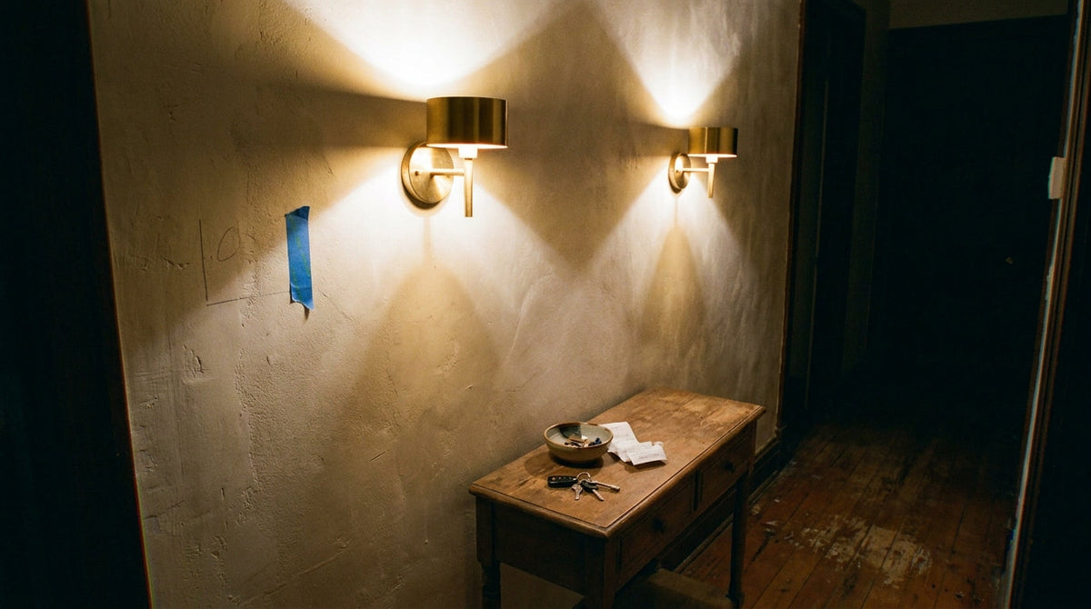 Two wall sconces mounted at eye height throwing overlapping scallops of light, with measuring tape still on the wall
