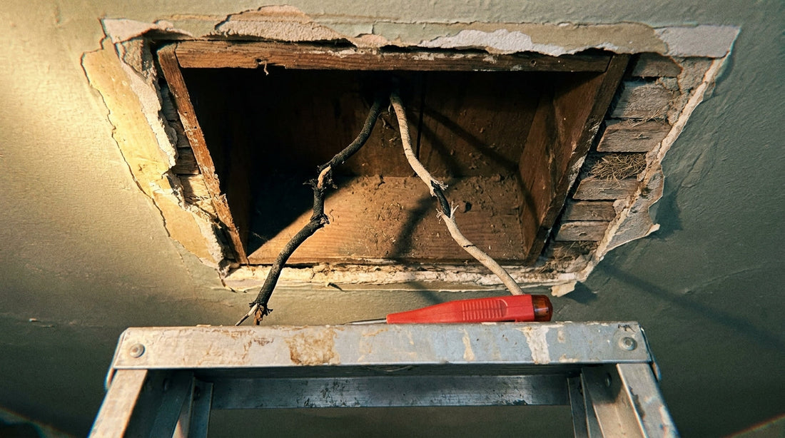 An open ceiling box in an old house with only two cloth-insulated conductors and no ground wire