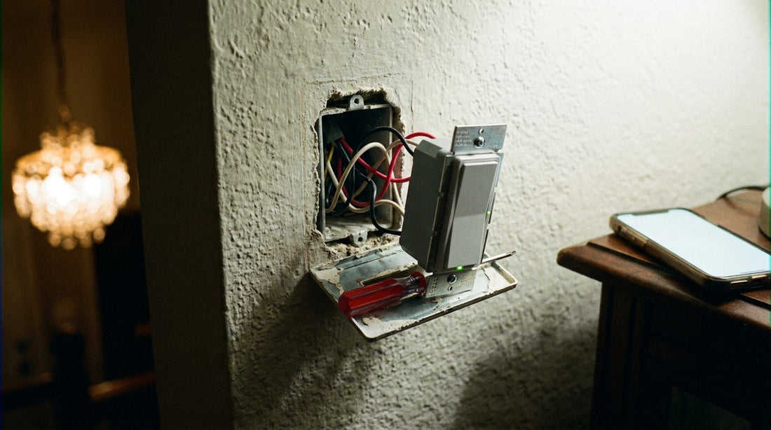 A smart dimmer module half fitted into an open wall box, with a chandelier dimmed low beyond
