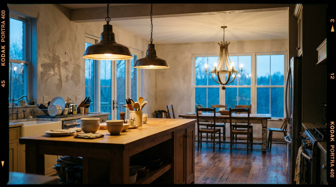 Two pendants over a kitchen island and a dining chandelier beyond, related in finish but different in form