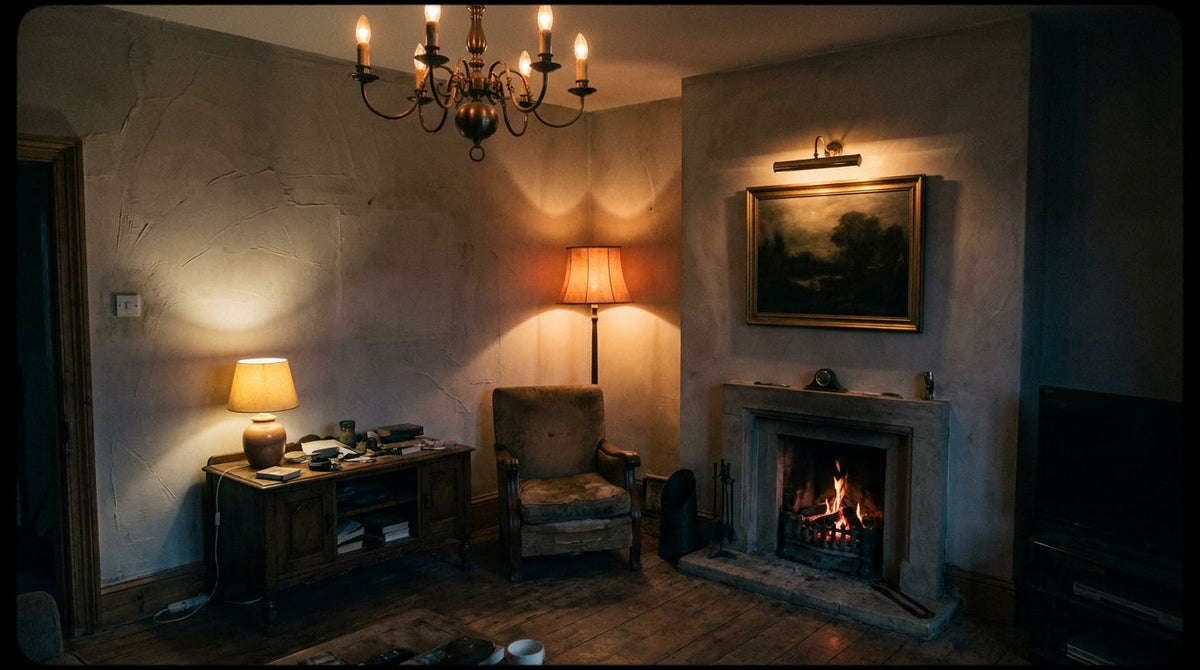 A living room at dusk lit by five separate sources at different heights, leaving the corners dark