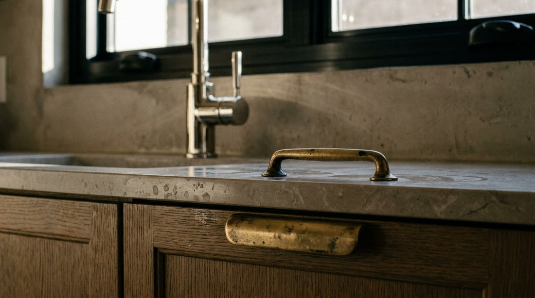 Unlacquered brass, polished nickel and matte black meeting in one kitchen under raking light