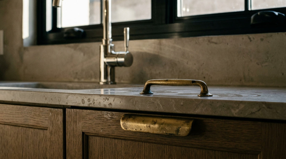 Unlacquered brass, polished nickel and matte black meeting in one kitchen under raking light