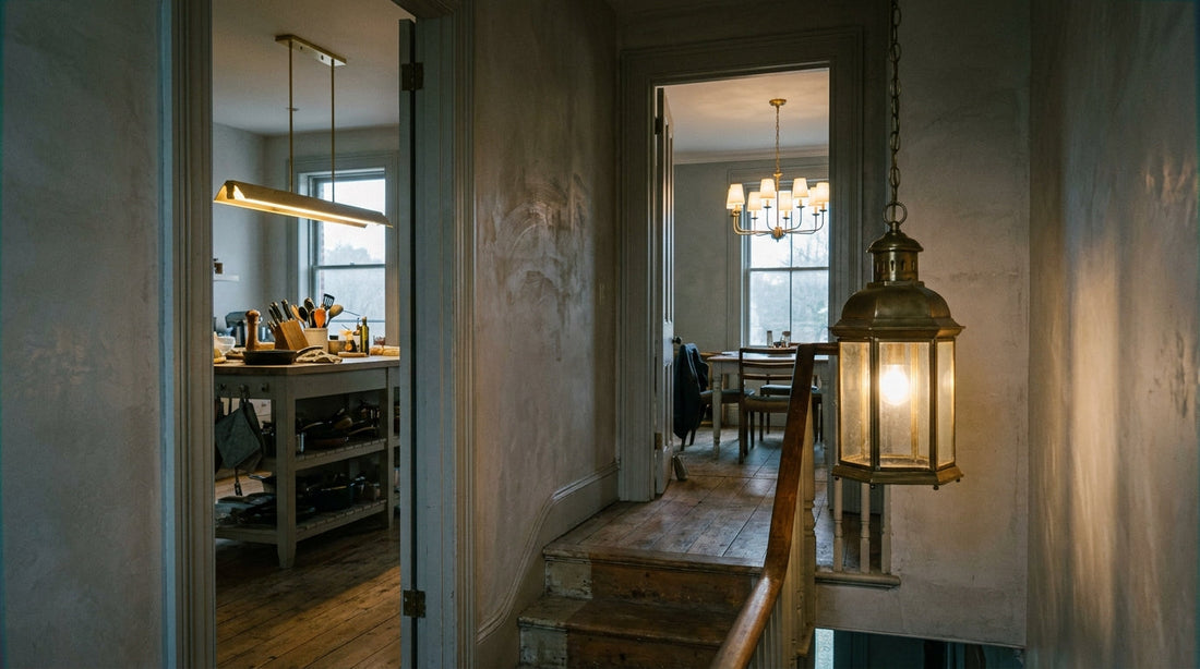 Three different light fixtures visible at three depths through a stair hall, sharing one metal finish