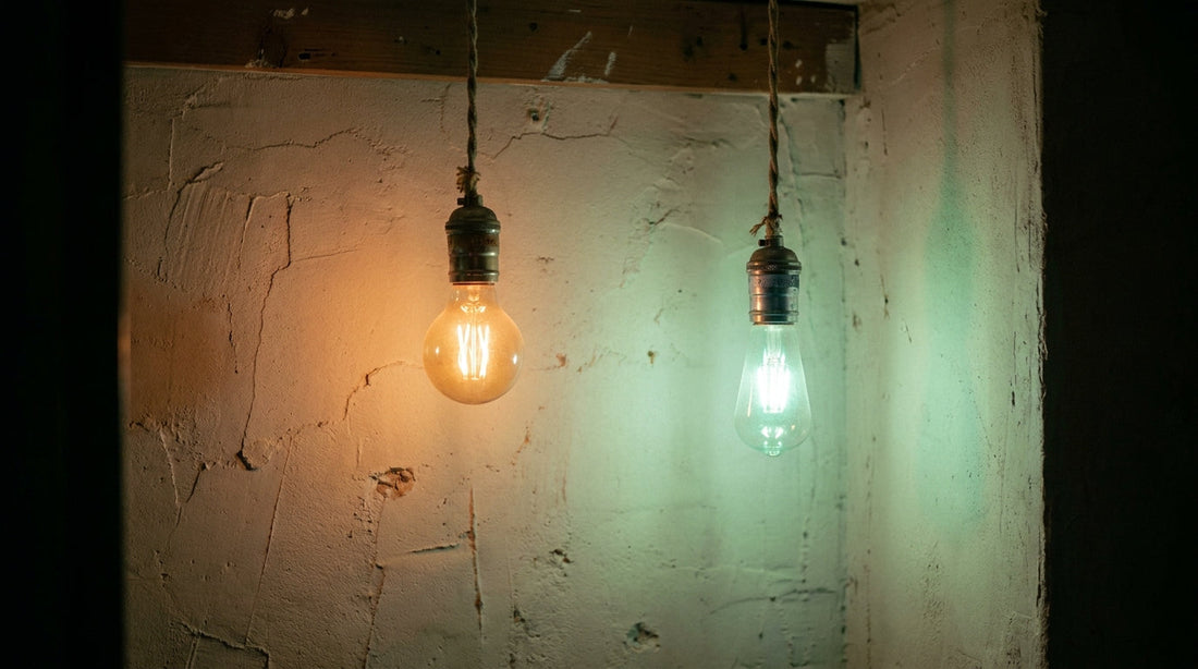 Two bulbs of the same stated colour temperature lit side by side, one warm amber and one noticeably cooler