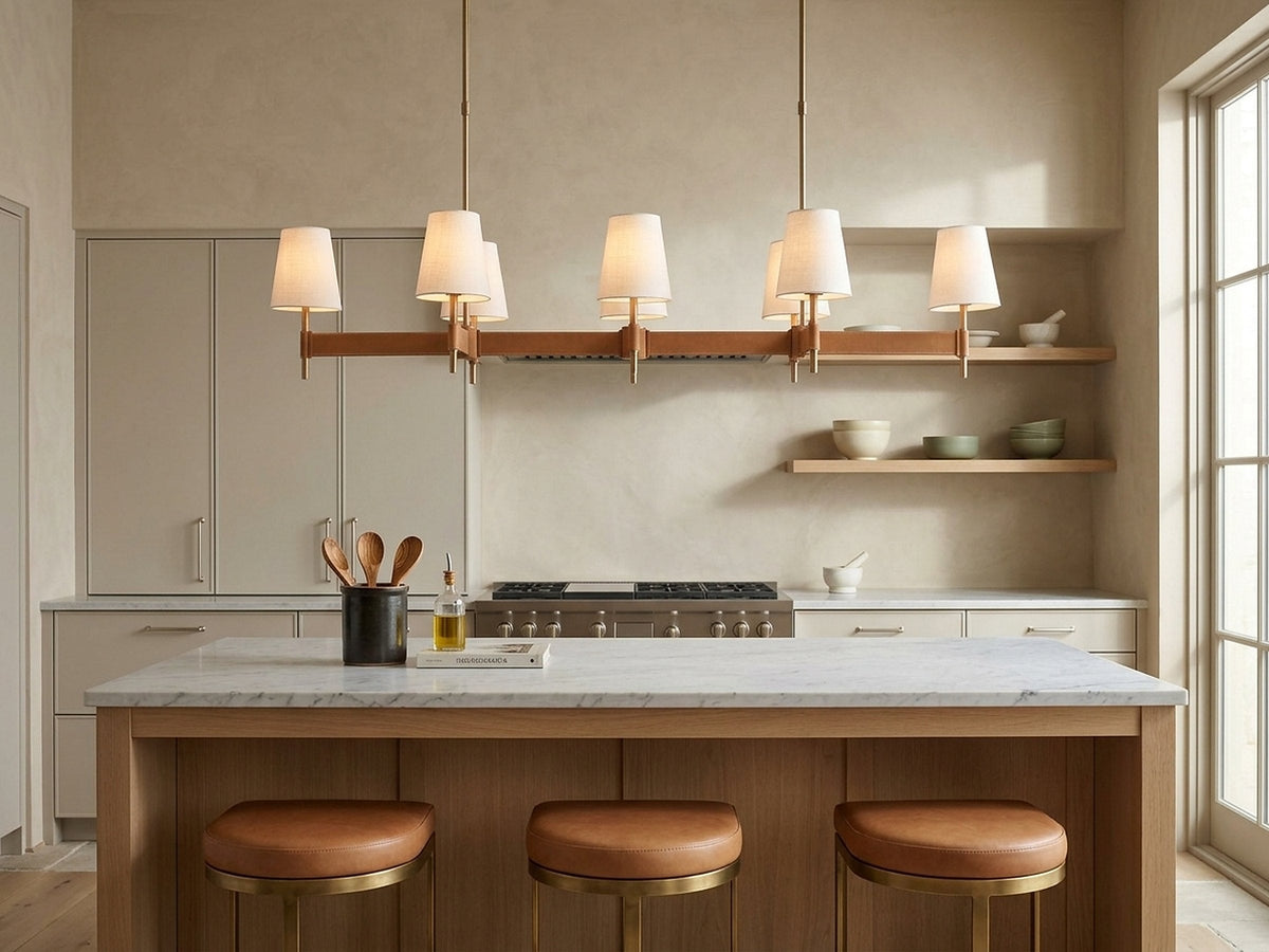 Hastings Linear Chandelier above a white oak kitchen island