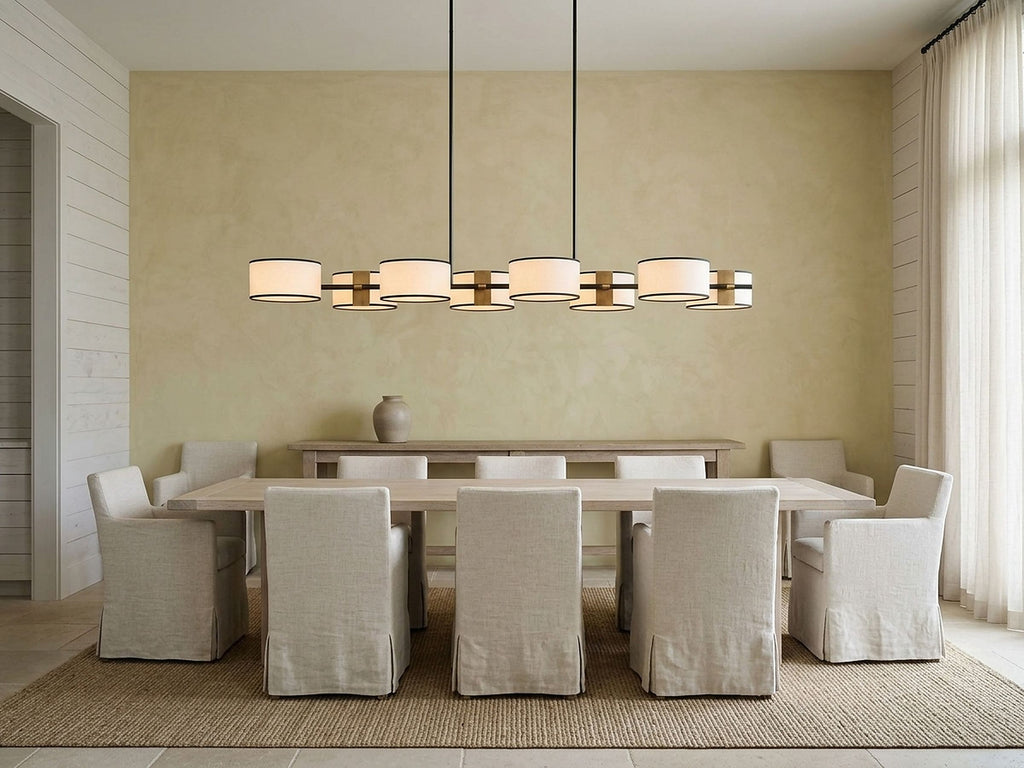 Daphne Fabric Linear Chandelier in a coastal dining room