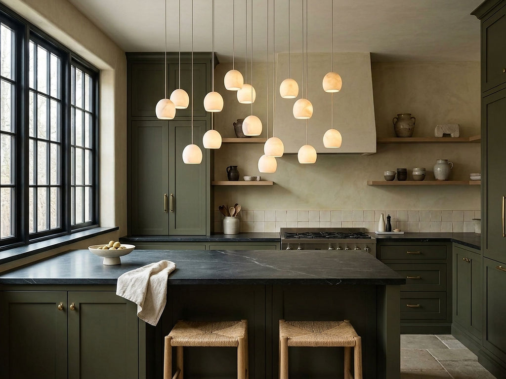 Arica Linear Chandelier in an olive green kitchen