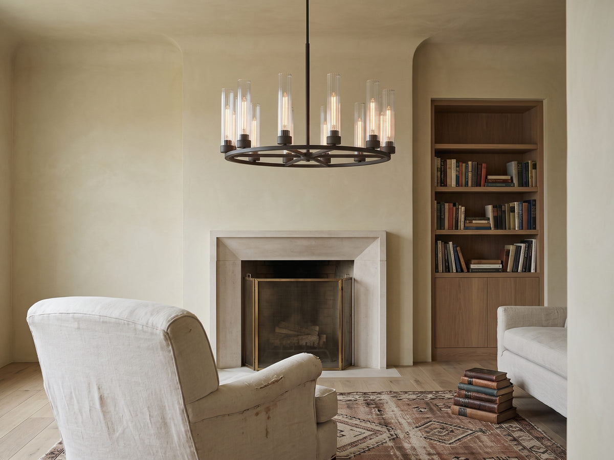 Lyla Chandelier in a small sitting room with a fireplace