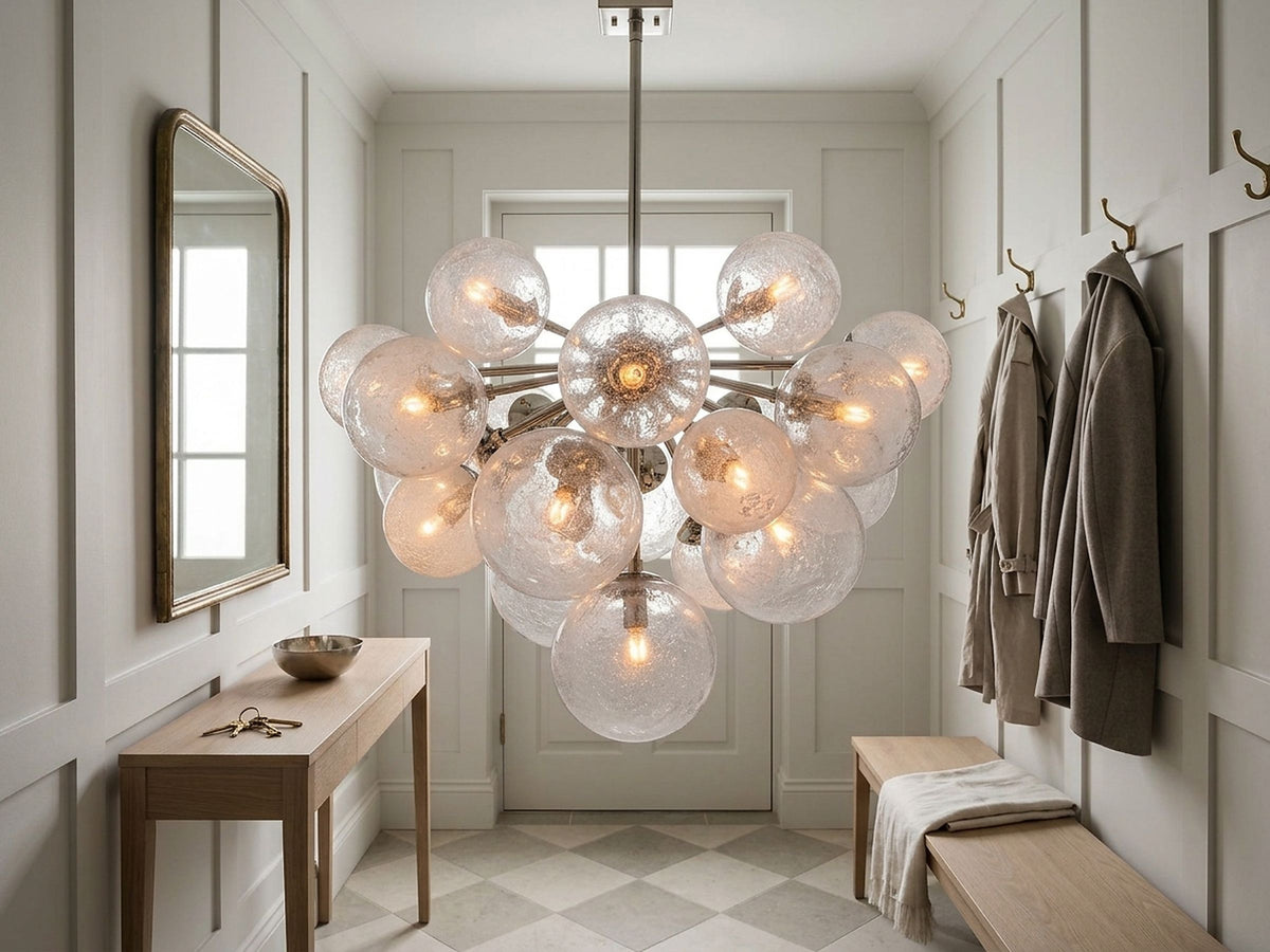 Mandoza Chandelier in Nickel in an entrance vestibule
