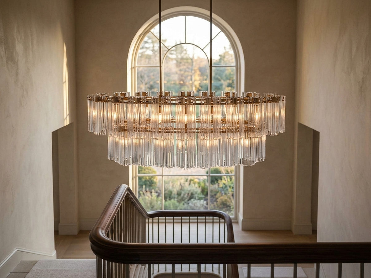 Delsie Oval Tiered Chandelier in a two-storey stair hall