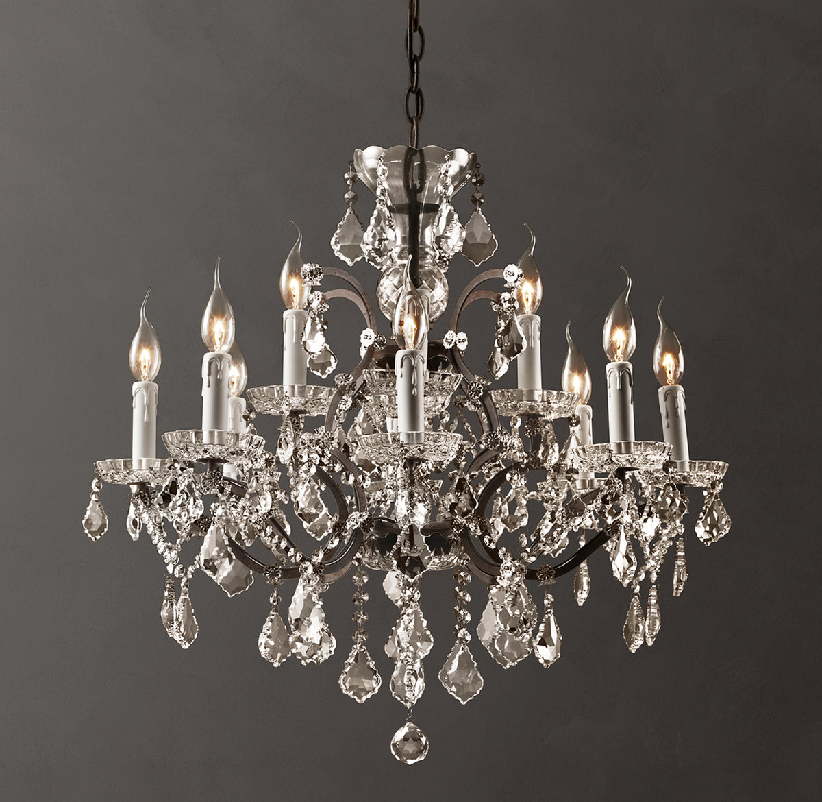 Sculptural 19th C. Rococo Iron & Crystal Round Chandelier