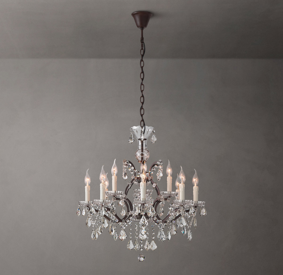 Sculptural 19th C. Rococo Iron & Crystal Round Chandelier – 28" Rustic Iron/Clear Crystal