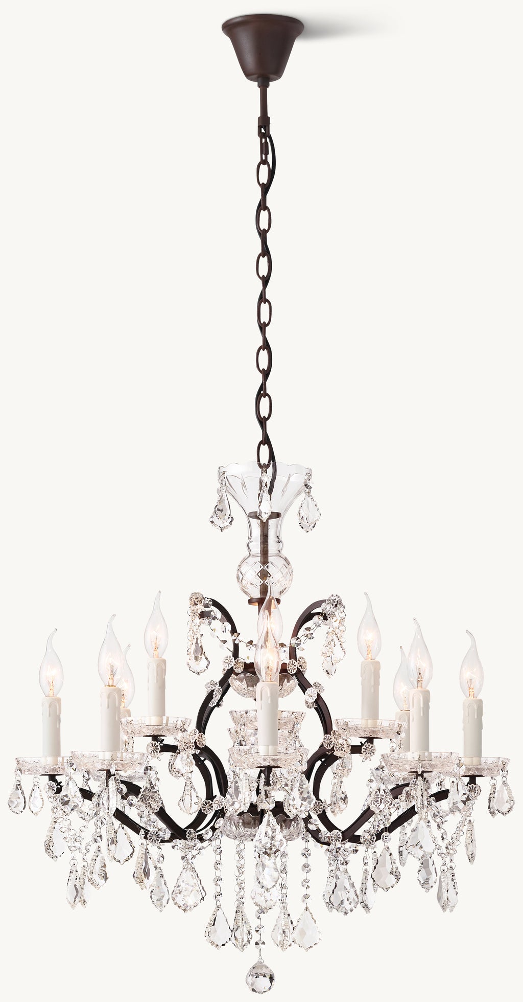 Sculptural 19th C. Rococo Iron & Crystal Round Chandelier – 28" Rustic Iron/Clear Crystal