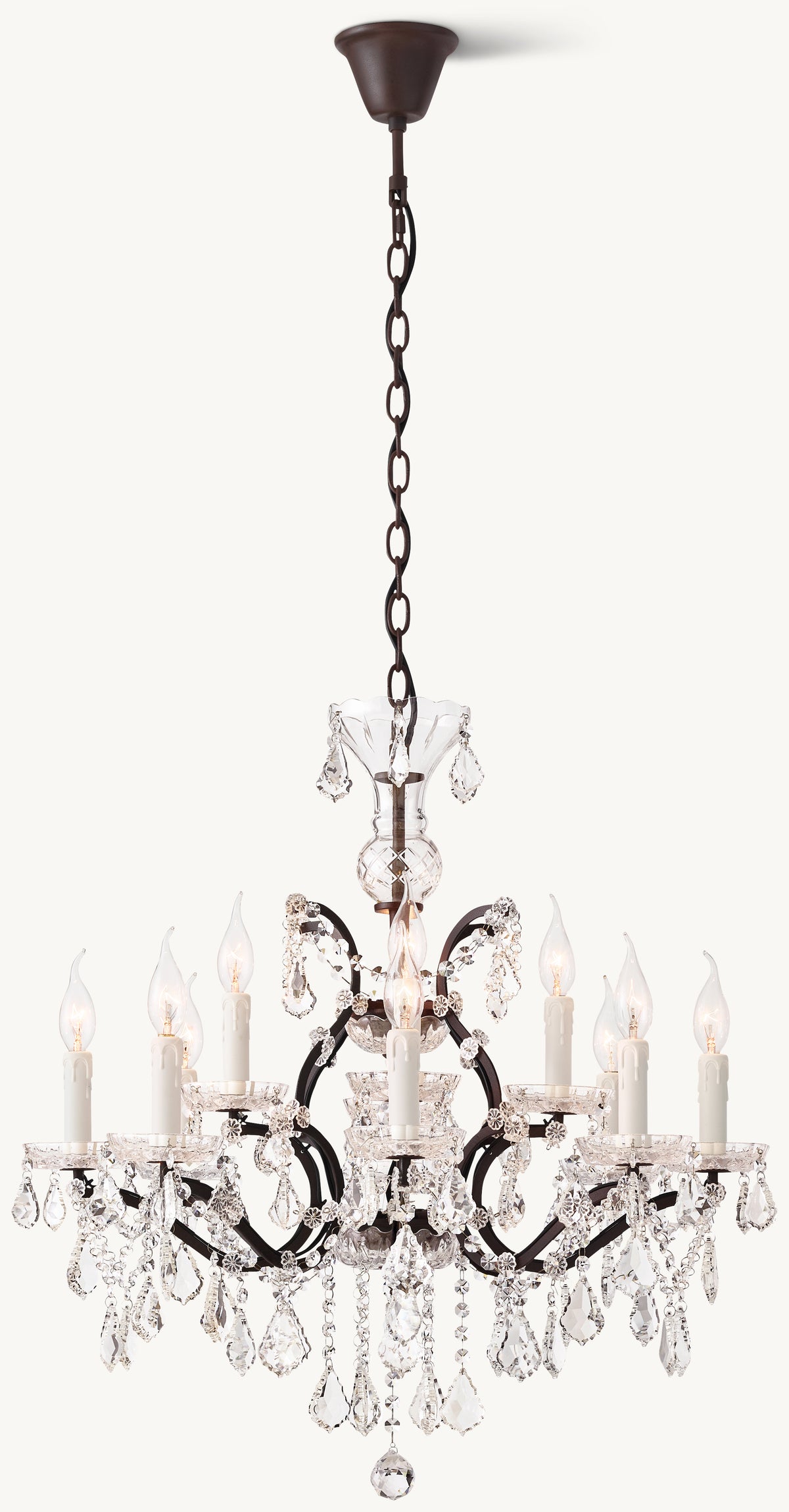 Sculptural 19th C. Rococo Iron & Crystal Round Chandelier – 28" Rustic Iron/Clear Crystal