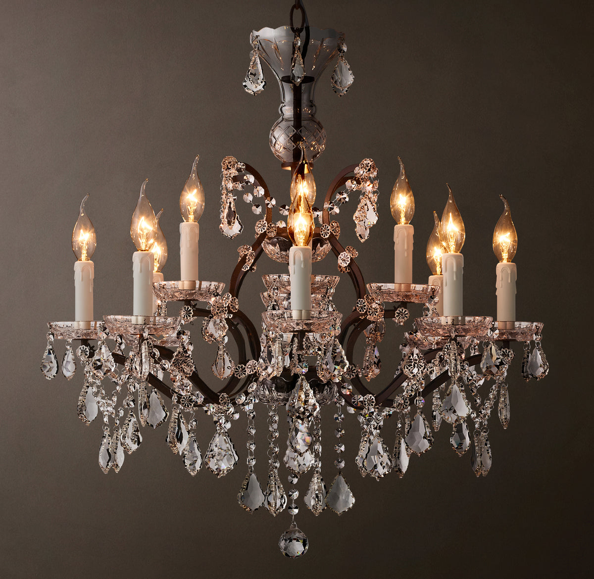 Sculptural 19th C. Rococo Iron & Crystal Round Chandelier – 28" Rustic Iron/Clear Crystal