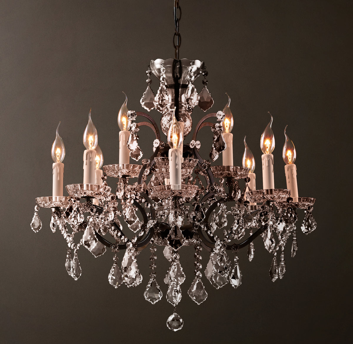 Sculptural 19th C. Rococo Iron & Crystal Round Chandelier, alternate view