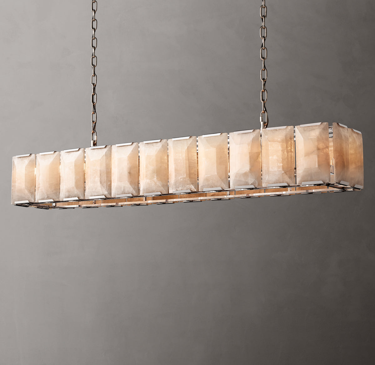 Signature Harlow Calcite Rectangular Chandelier – 74" Polished Stainless Steel