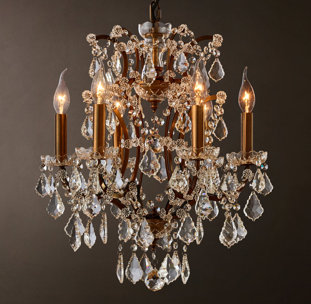 Sculptural 19th C. Rococo Iron & Crystal Round Chandelier – 18" Antiqued Brass/Clear Crystal