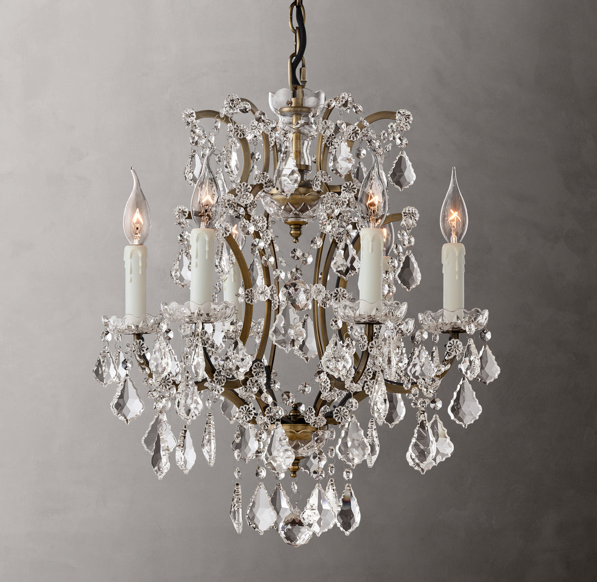 Sculptural 19th C. Rococo Iron & Crystal Round Chandelier – 18" Antiqued Brass/Clear Crystal