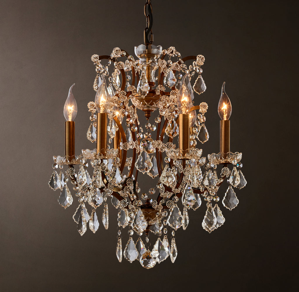 Sculptural 19th C. Rococo Iron & Crystal Round Chandelier – 18" Antiqued Brass/Clear Crystal