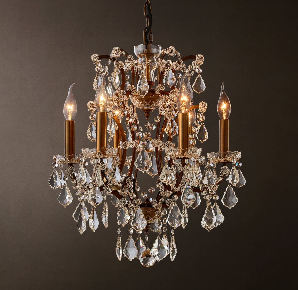 Sculptural 19th C. Rococo Iron & Crystal Round Chandelier – 18" Antiqued Brass/Clear Crystal