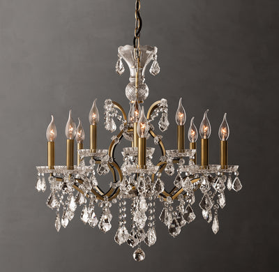 Sculptural 19th C. Rococo Iron & Crystal Round Chandelier – 28" Antiqued Brass/Clear Crystal