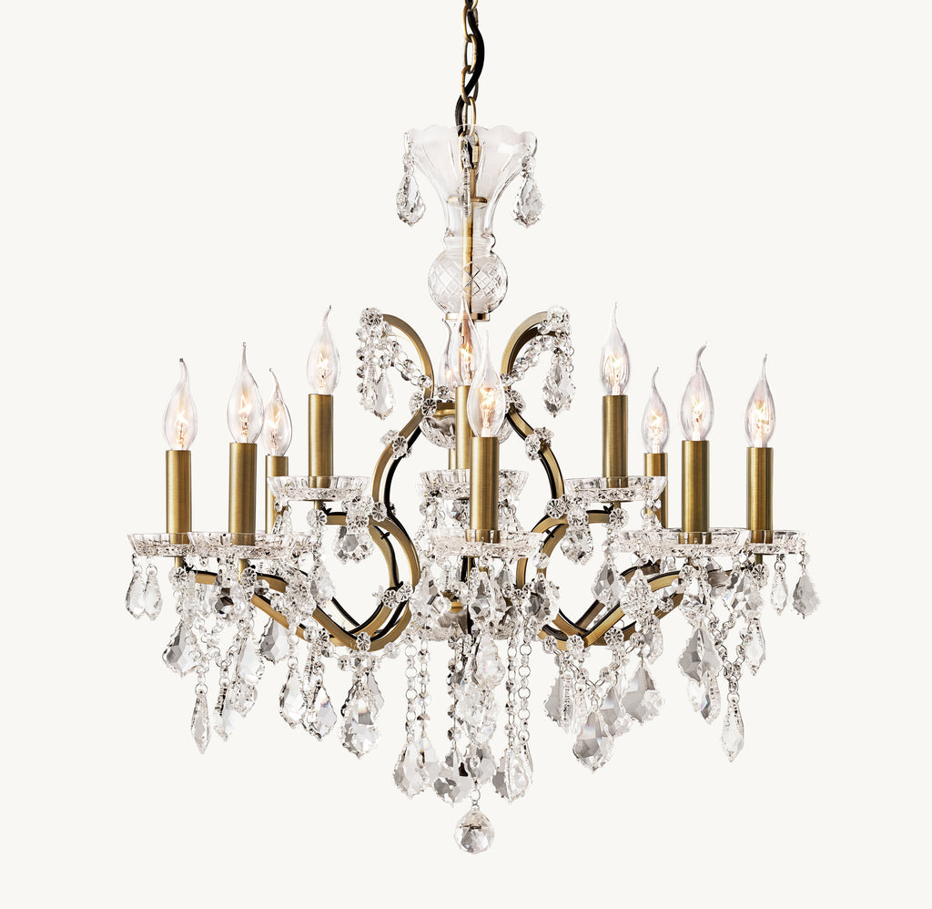 Sculptural 19th C. Rococo Iron & Crystal Round Chandelier – 28" Antiqued Brass/Clear Crystal