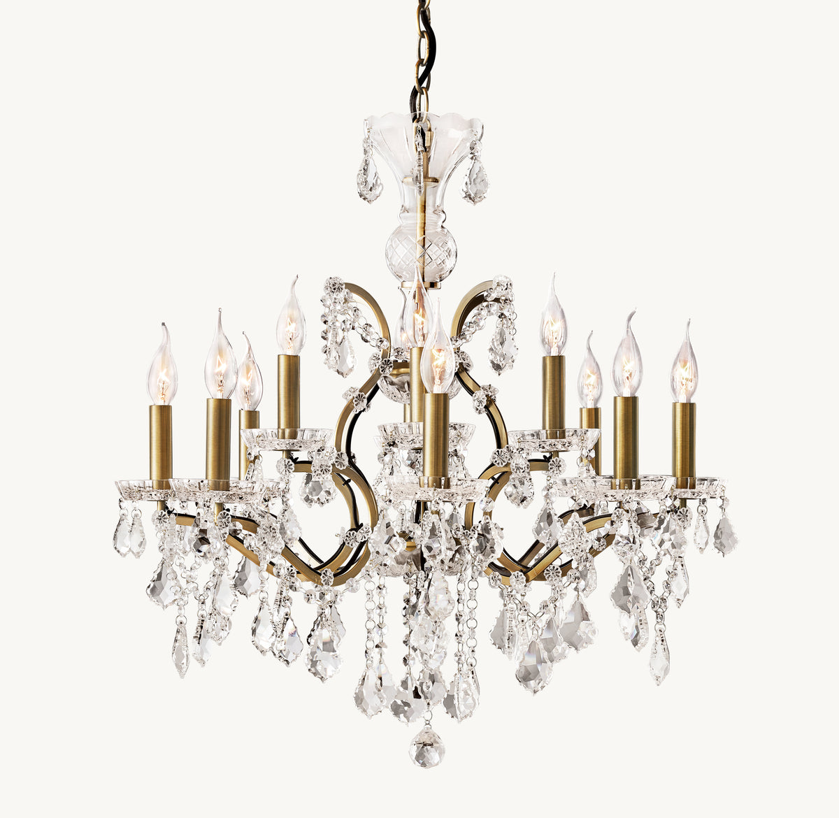 Sculptural 19th C. Rococo Iron & Crystal Round Chandelier – 28" Antiqued Brass/Clear Crystal