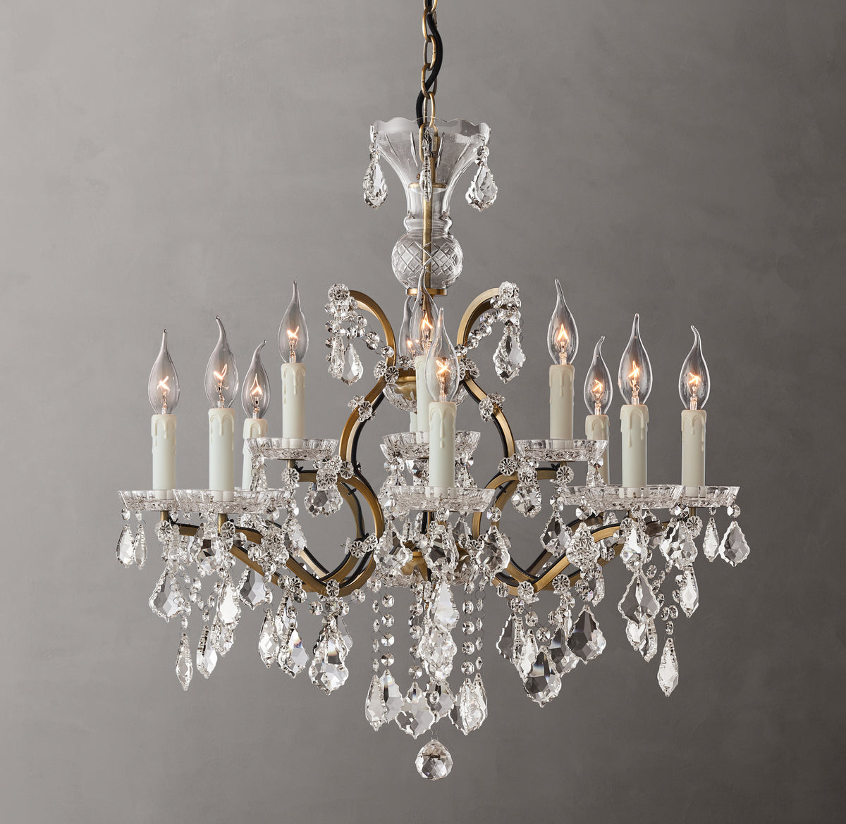 Sculptural 19th C. Rococo Iron & Crystal Round Chandelier – 28" Antiqued Brass/Clear Crystal