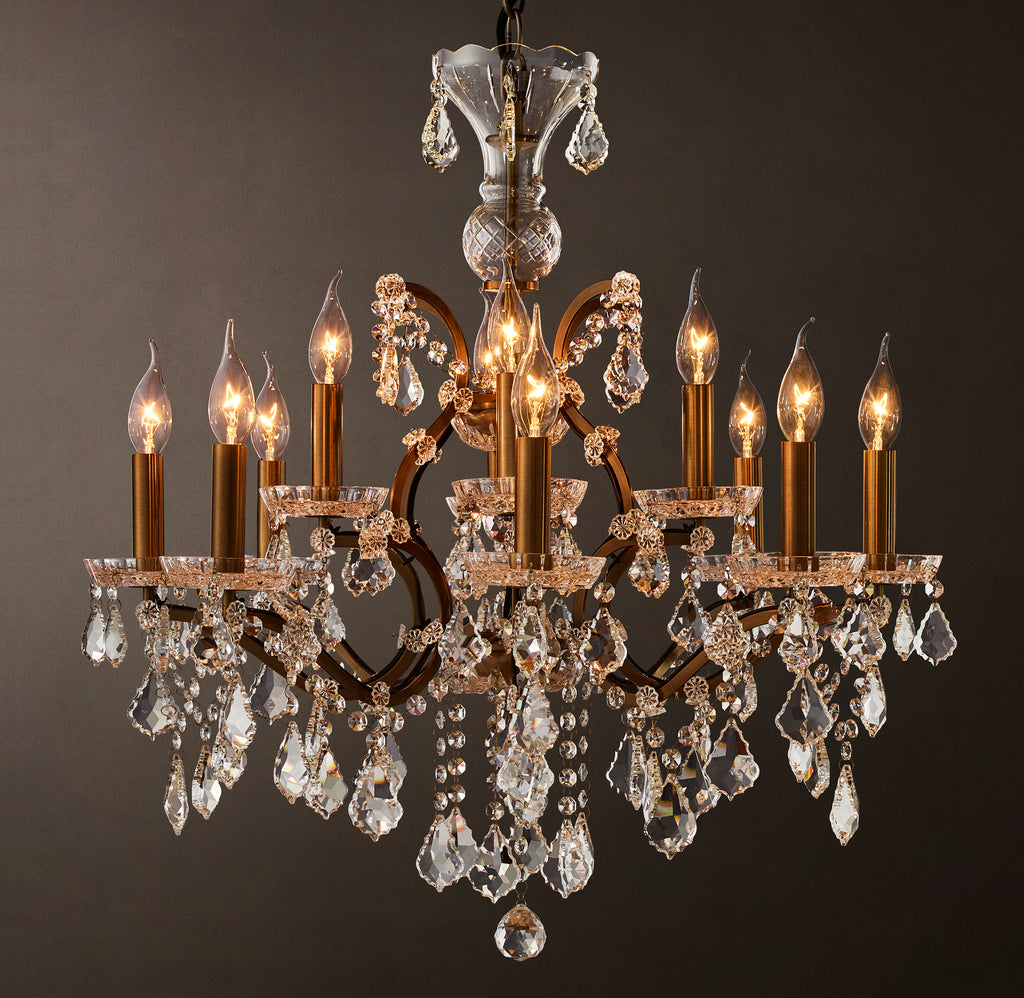 Sculptural 19th C. Rococo Iron & Crystal Round Chandelier – 28" Antiqued Brass/Clear Crystal